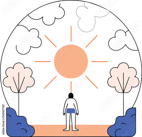 Person Gazing at Sun: Minimalist Nature Illustration