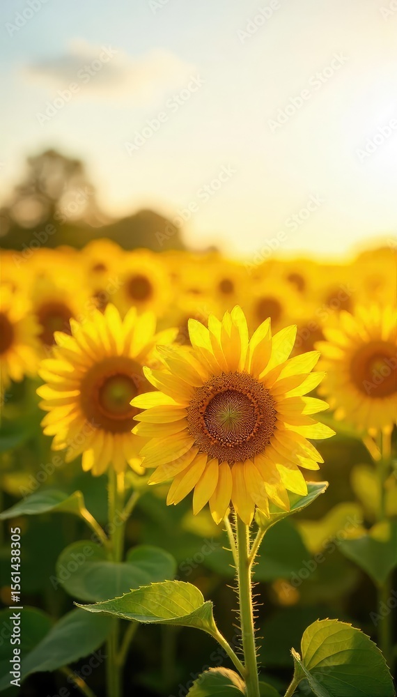 Fototapeta premium A vibrant yellow field of sunflowers basking in the warm sunlight, symbolizing optimism and a bright future Perfect for themes of positivity, growth, and new beginnings , countryside, warm, floral