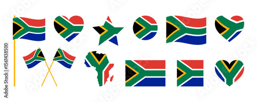 South African flag signs set, star shape, heart shape decorative element. Independence Day of South Africa. National symbols of Heritage Day in South Africa. Nelson Mandela International Day