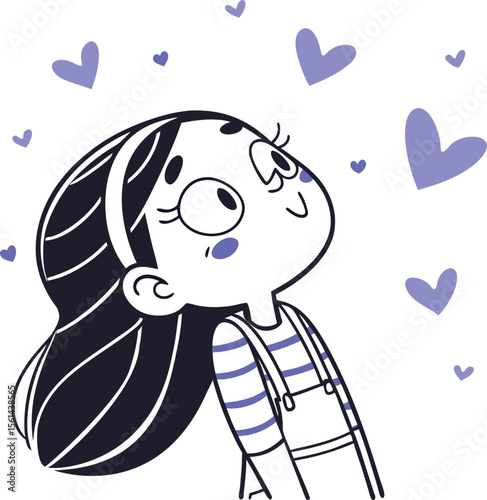 Joyful Girl Surrounded by Hearts: Delightful Cartoon Illustration