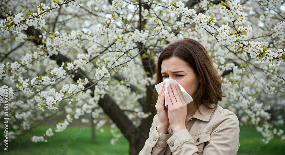 Woman sneezing near blossoming tree spring allergies Woman sneezing near blossoming tree spring allergies
