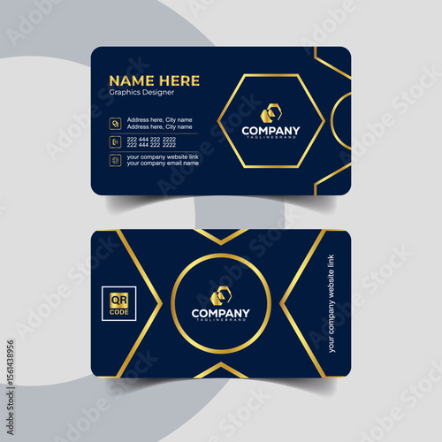 Geometric Navy and Gold Business Card Design with Bold Abstract Shapes. Luxury navy blue business card with elegant golden foil details for premium branding.