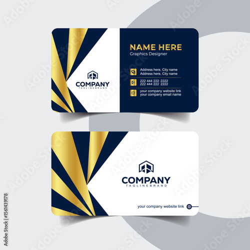 Bold White and Gold Business Card Template with Abstract Streak Design. Luxury navy blue business card with elegant golden foil details for premium branding.