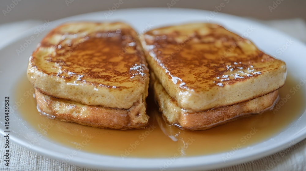 Two pieces of golden-brown french toast, drenched in syrup. Two pieces of golden-brown french toast, drenched in syrup.