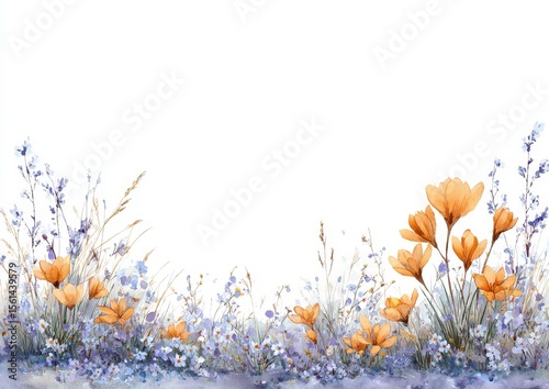 Watercolor painting of orange and blue wildflowers, grasses, and foliage arranged in a horizontal border on a white background