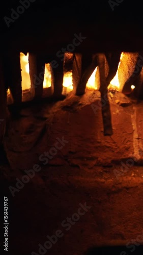 Close up of ash in an air intake old burning stove . The flame blinks through the grate and sparks fly.