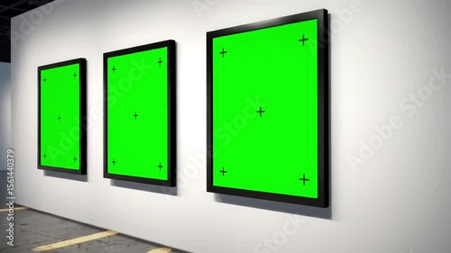 Art Gallery Interior with Green Screen Picture Frame Mockup on Wall Surrounded by Stylish Decor and Exhibition Lighting, blank Green screen billboard sign, Chroma key, green screen mockup

