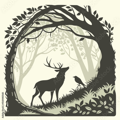 Silhouette of a deer and bird in a forest clearing framed by trees and foliage in a monochrome style