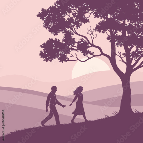 Silhouette of a couple walking on a hill under a tree at sunset with mountains in the background view scene