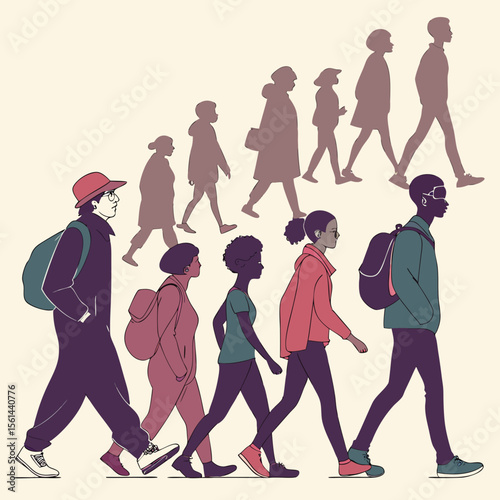 Illustration showing a group of diverse people walking in a line with backpacks and faded silhouettes