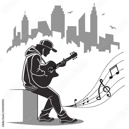 Illustration of a musician playing guitar with city skyline and musical notes in black and white style