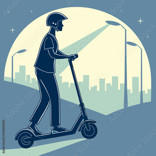 A person wearing a helmet riding an electric scooter in front of a city skyline at night with streetlights