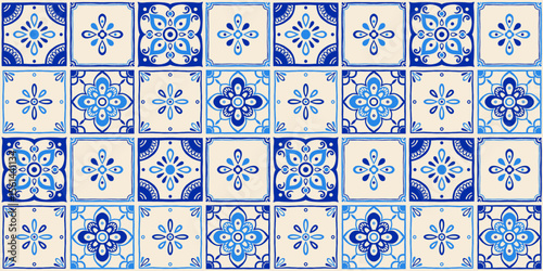 Seamless mediterranean tile pattern with hand drawn floral and geometric motifs in blue and beige colors, traditional ceramic design inspired by italian, spanish and portuguese vintage tiles