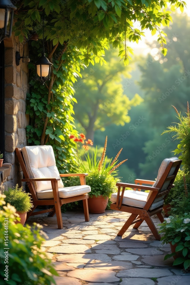 Obraz premium Serene scene of a captivatingly beautiful outdoor sitting area, bathed in soft sunlight Perfect for relaxation, tranquility, and peaceful moments , sunlight, relaxation, beauty