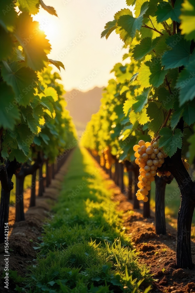 Naklejka premium Sunlight dapples rows of ripening grapes hanging heavy on the vine in a picturesque vineyard, ready for harvest Golden hour illuminates the lush landscape , vineyard, picturesque, harvest