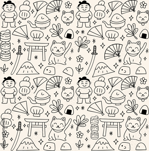 Charming seamless doodle pattern featuring cute Japanese cultural icons: sumo wrestlers, Maneki-neko cats, sushi, fans, Mount Fuji & more on beige. Perfect for kids' decor, textiles, & stationery