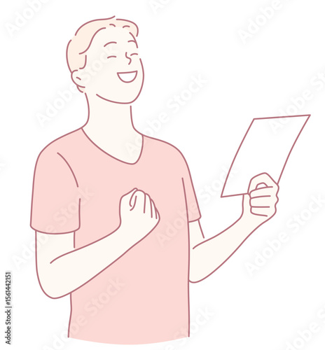 A joyful and happy man is excitedly reading a document, clearly showing his passion and deep engagement in it