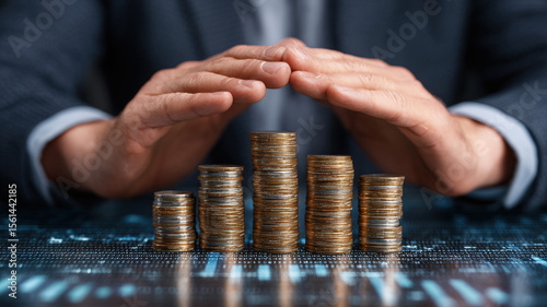 Confident Executive Shielding Ascending Coin Stacks, Symbolizing Financial Growth, Wealth Protection and Secure Investments
