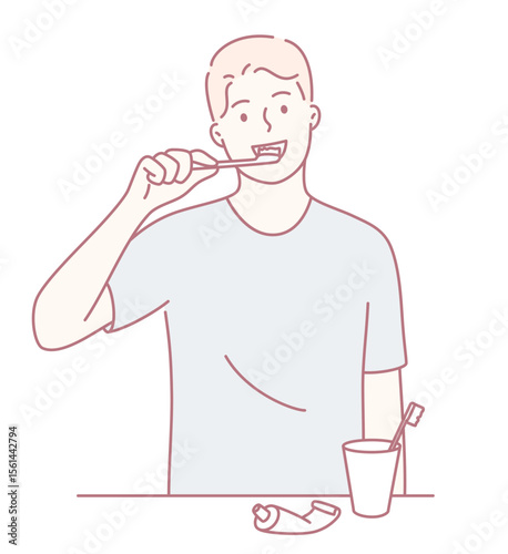 A minimalist artistic representation of a person brushing their teeth as part of a daily hygiene routine