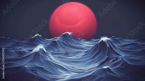 Surreal seascape with a luminous red orb rising over undulating ocean waves dreamlike