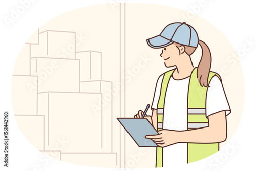 Warehouse manager woman doing inventory counting boxes in warehouse or truck and holding clipboard