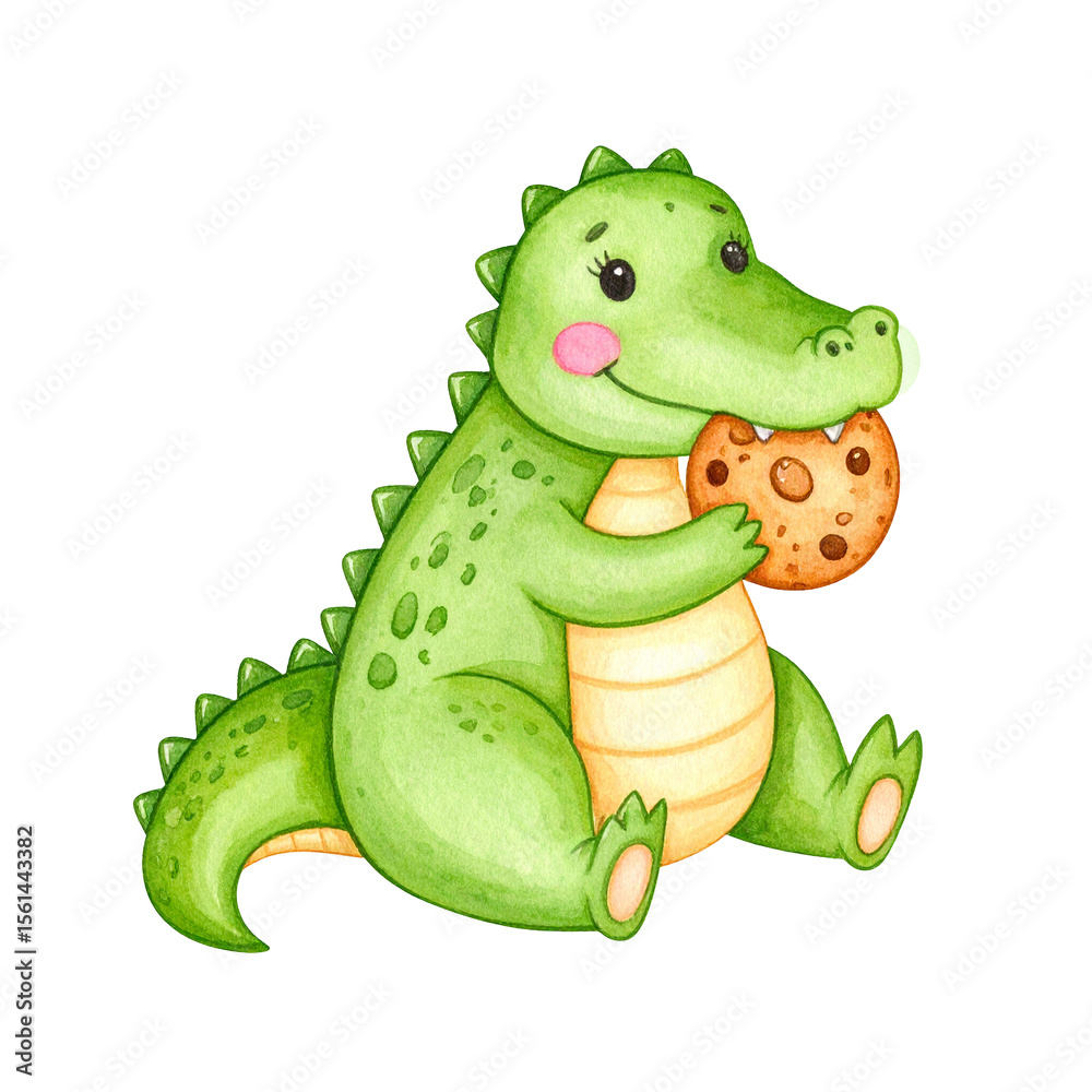 Fototapeta premium Charming Crocodile with Cookie: This delightful illustration showcases a cheerful crocodile, depicted in a watercolor style, holding a tasty cookie, embodying the sweetness of a delightful snack.
