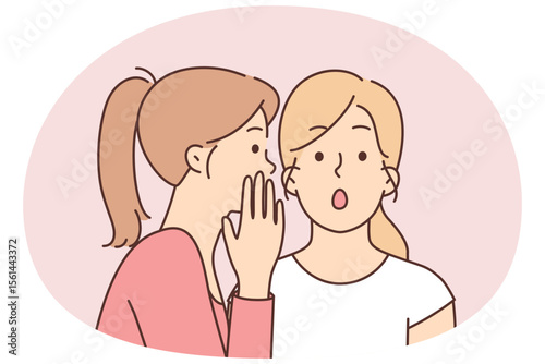 Two female friends gossip telling secrets in ears and discussing actions of work colleagues