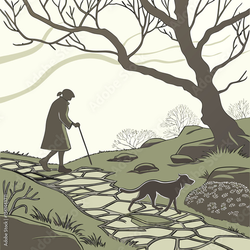 Illustration of an elderly woman walking with a cane and a dog on a stone path near a large tree