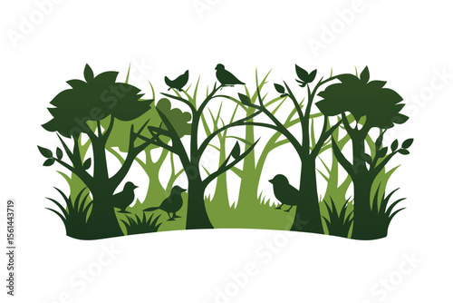 Dark forest silhouette with birds and branches against a fading sky