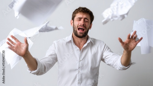 Frustrated man in white shirt losing control of flying papers