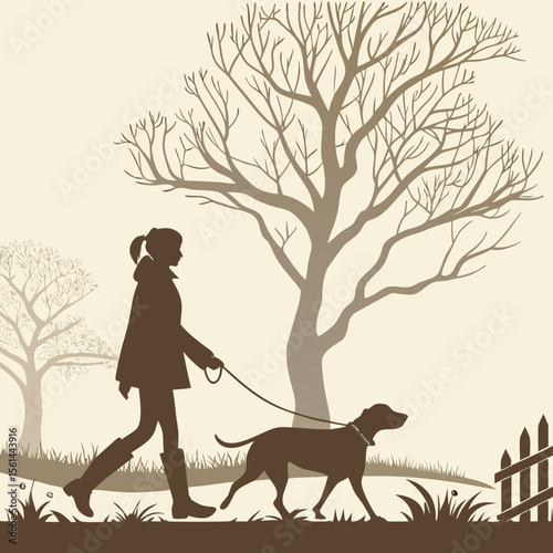 A silhouette of a woman walking a dog in a park with bare trees and a fence in the background scene