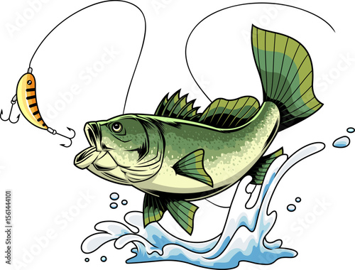 Funny Bass Fish Cartoon Character Jumping Out of Water to Bite Fishing Lure - Vector Hand Drawn Illustration Isolated On Transparent Background