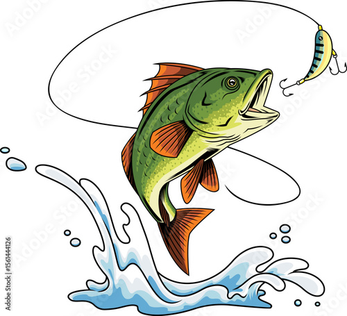Aggressive Bass Fish Cartoon Character Jumping at Fishing Lure with Splash - Vector Hand Drawn Illustration Isolated On Transparent Background