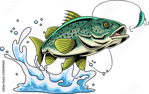 Spotted Bass Fish Cartoon Character Splashing Toward Fishing Lure - Vector Hand Drawn Illustration Isolated On Transparent Background