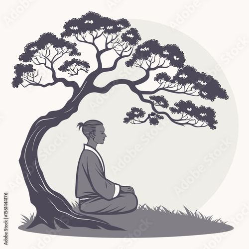 Person meditating under a large tree with a full canopy in a serene and peaceful monochrome setting scene