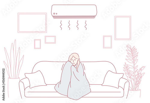 A serene illustration of a person resting on a couch, wrapped in a soft blanket, enjoying indoor comfort