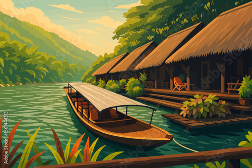 A serene riverside scene featuring traditional wooden bungalows with thatched roofs nestled along a calm, green-hued river. A long-tail boat with a canopy is docked in front of the bungalows, ready fo