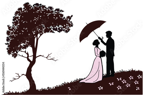Groom in silhouette holding an umbrella under the rain