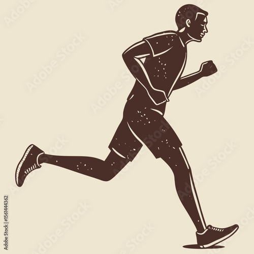 Illustration of a man running with a determined expression wearing shorts and a t shirt in brown color scheme