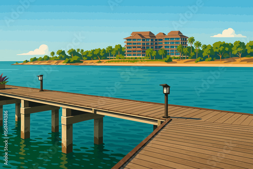 The image shows a serene tropical coastal scene illustrated in a digital vector art style. In the foreground, there's a wooden pier extending over calm, turquoise water, with small modern lamps lining