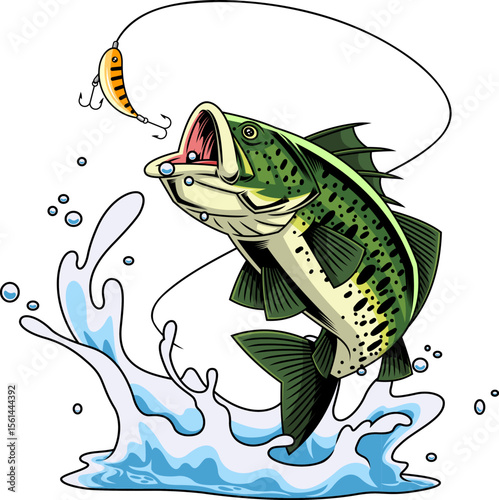 Angry Bass Fish Cartoon Character Attacking Fishing Lure - Vector Hand Drawn Illustration Isolated On Transparent Background