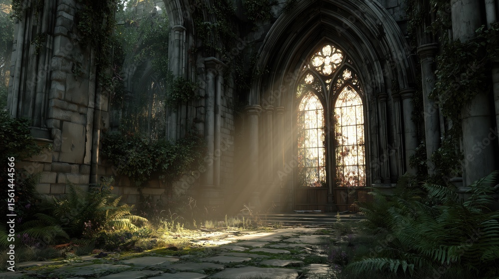 Fototapeta premium Mysterious Sanctuary: Evoking a sense of wonder and ancient beauty, this image presents a mystical stone sanctuary bathed in ethereal light. The scene is filled with moss.