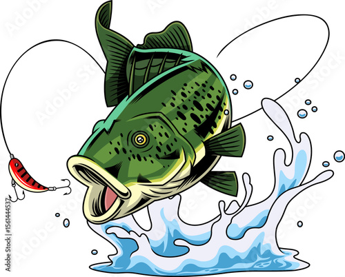 Powerful Bass Fish Cartoon Character Leaping at Red Fishing Lure - Vector Hand Drawn Illustration Isolated On Transparent Background