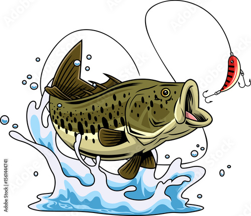 Realistic Bass Fish Cartoon Character Jumping at Red Lure - Vector Hand Drawn Illustration Isolated On Transparent Background
