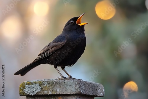 Singing blackbird in the park at dusk wildlife photography nature scene close-up perspective