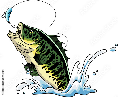 Mutant Bass Fish Cartoon Character with Sharp Teeth Leaping Out of Water - Vector Hand Drawn Illustration Isolated On Transparent Background