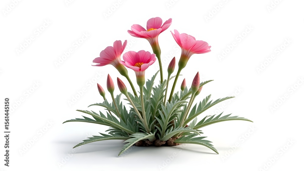 Obraz premium Photorealistic image of a pink Helianthemum flower or plant isolated on white. Crinkled five-petaled blooms with bright yellow centers and silver-green leaves. Botanical macro with soft light.