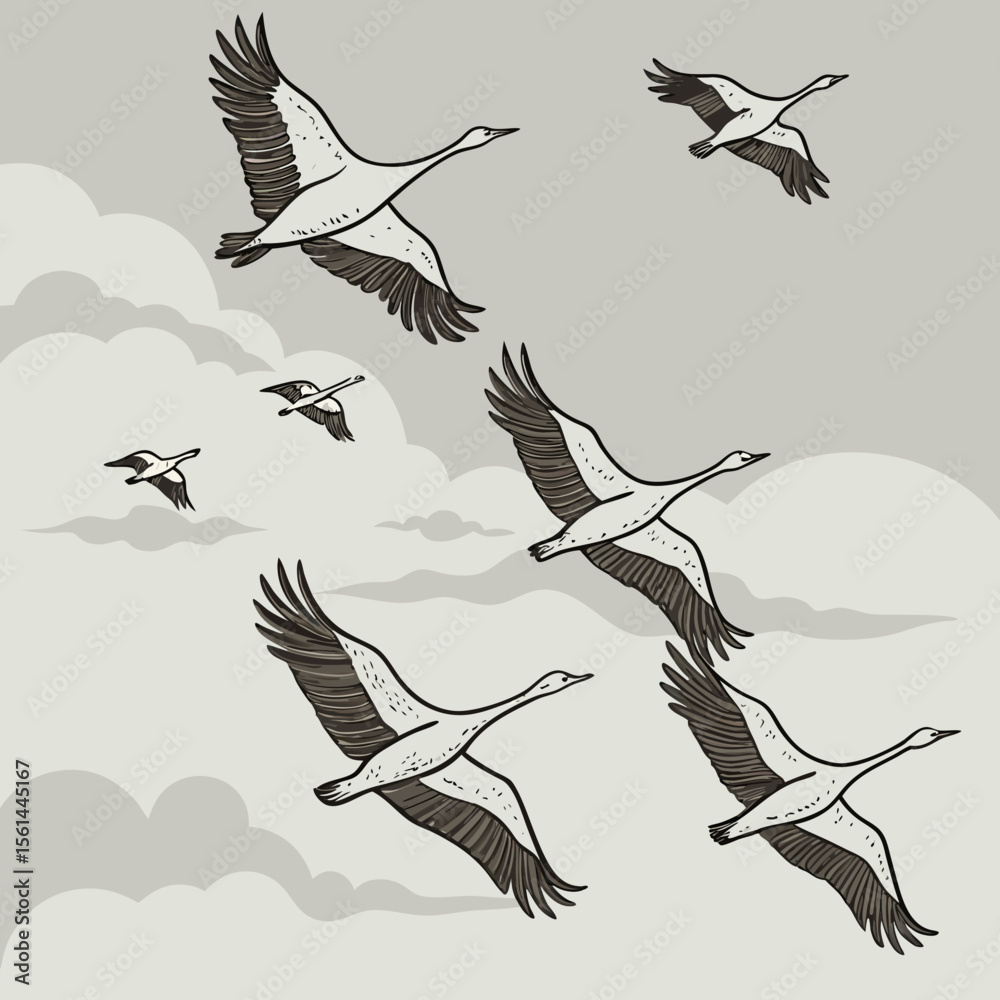 Obraz premium A flock of cranes soars gracefully through a cloudy sky in a monochrome illustration style image