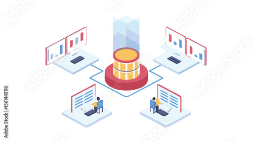 Isometric network diagram showing central server connected to workstations with users and data charts