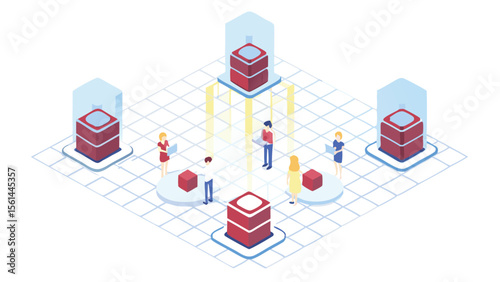 Isometric view of a network with servers and people interacting with data in a virtual environment